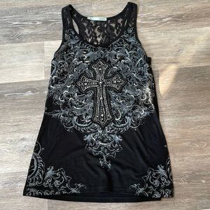 Maurice’s Cross with rhinestones and lace tank top
